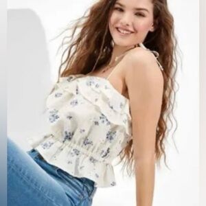 American Eagle Eyelet Blue Floral Ruffled Tie-Strap Crop Top